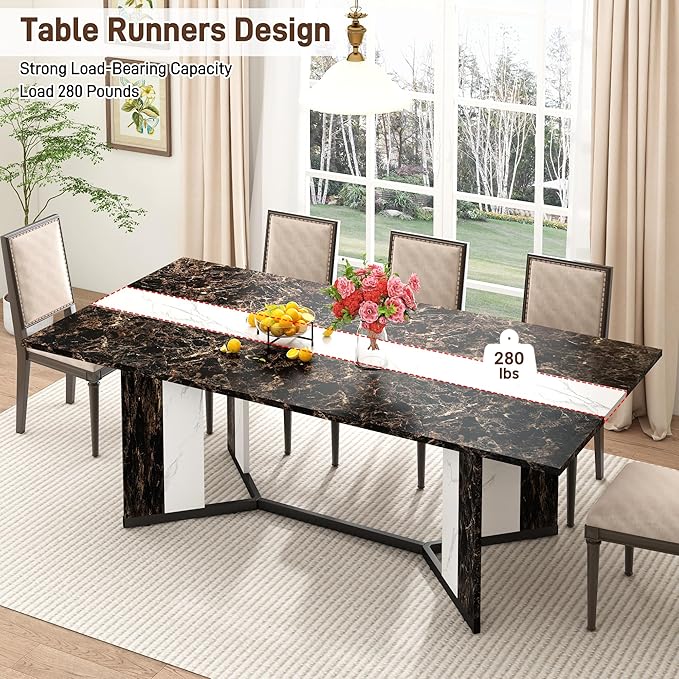 71 inch Dining Table for 4 5 6 | Modern Black Rectangular Kitchen Table W/Waterproof Wood Tabletop,Farmhouse Long Dining Room Tables W/Adjustable Legs&Wood Strip Base for Kitchen Living Room