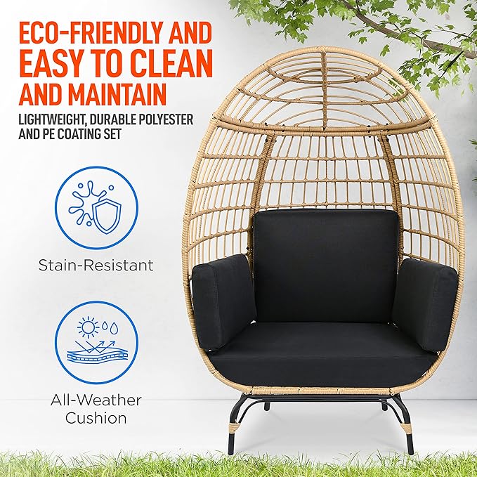 SereneLife Jovial Wicker Rattan Egg Chair,Indoor Outdoor Black Sofa Chair for Patio Backyard and Living Room with 4 Cushions and Powder Coated Steel Frame,Woven Texture Contemporary Ribbed Back Design