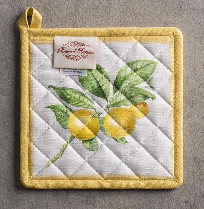 Maison d' Hermine Pot Holders 100% Cotton Heat Resistant Potholders 8" x 8" Hot Pads with Loop BBQ, Cooking, Baking, Grilling, Kitchen, Handling Hot Pans Spring/Summer (Pack of 1, Limoncello)