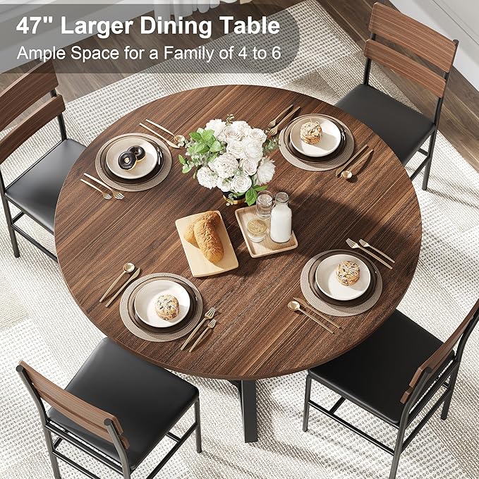 Round Dining Table for 4, Kitchen Tables Dining Room Circle Dinner Table with Pedestal Metal Frame, Space Saving Wood Industrial Kitchen & Dining Room Tables, Walnut 47In