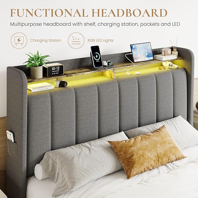 SHA CERLIN Full Size Platform Bed Frame with Vertical Channel Tufted Wingback Headboard & 2 Storage Drawers/2-Tier Shelves with LED Lights & Charging Station/Noise-Free/No Box Spring Needed/Dark Grey