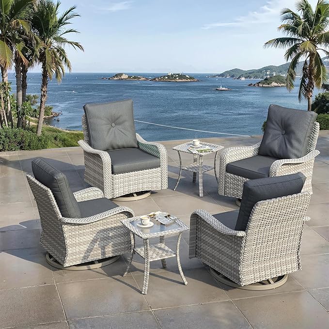 6 Piece Outdoor Wicker Patio Furniture Set,High Back Swivel Rocker Patio Chairs with 4" Thickened Cushions & Side Table, All-Weather PE Rattan for Garden, Backyard, Porch, Black