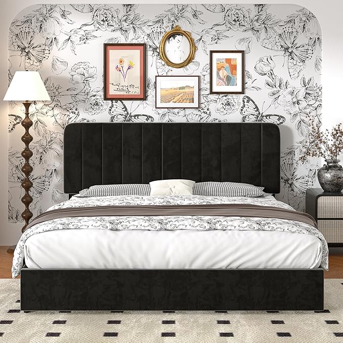 VECELO Queen Size Upholstered Bed Frame with 4 Drawers and Headboard, Velvet Platform Storage Bedframe, Wooden Slats Support, No Box Spring Needed,Black