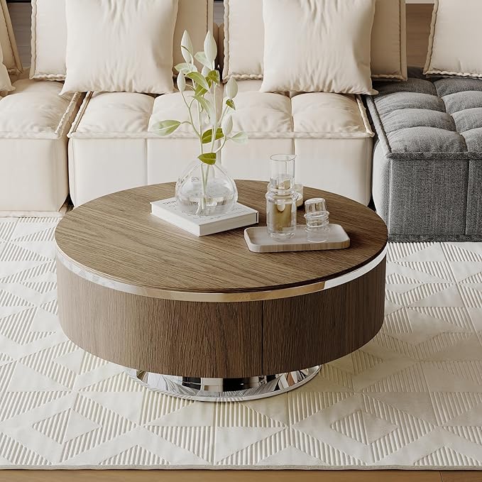 31.5 Inch Round Walnut Coffee Table with Hidden Storage Drawers and Silver Polished Stainless Steel Base, Modern Coffee Table Set with Rolling Side Table for Living Room