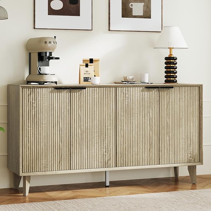 Fluted Cabinet with Storage, Buffet Storage with 4 Doors, Buffet Sideborad Accent Cabinet with Adjustable Shelves for Living Room, Kitchen, Entry, Hallway, Natural