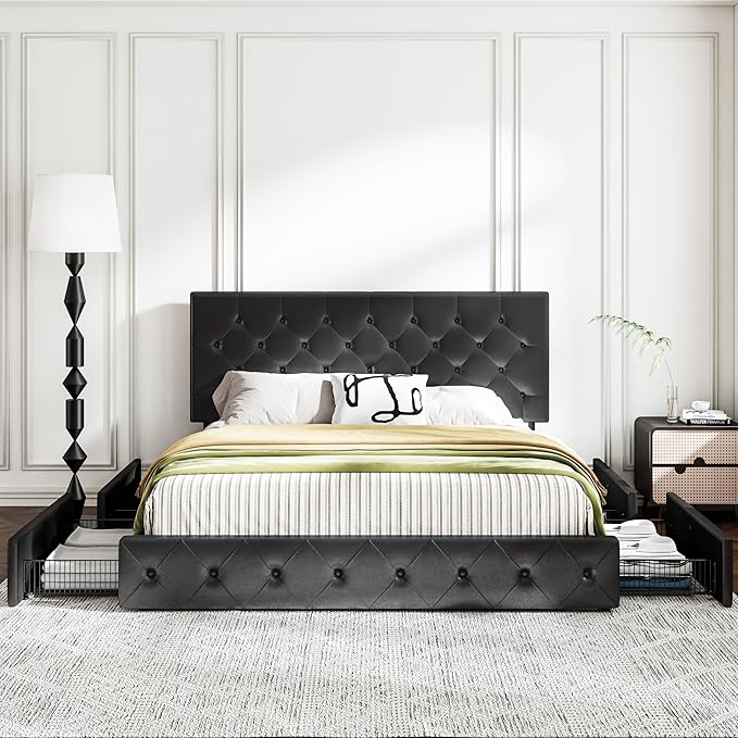 MUTICOR King Size Bed Frame with 4 Storage Drawers, Upholstered Platform Bed with Button Tufted Adjustable Headboard, No Box Spring Needed, Easy Assembly, Diamond Tufted, Black Leather
