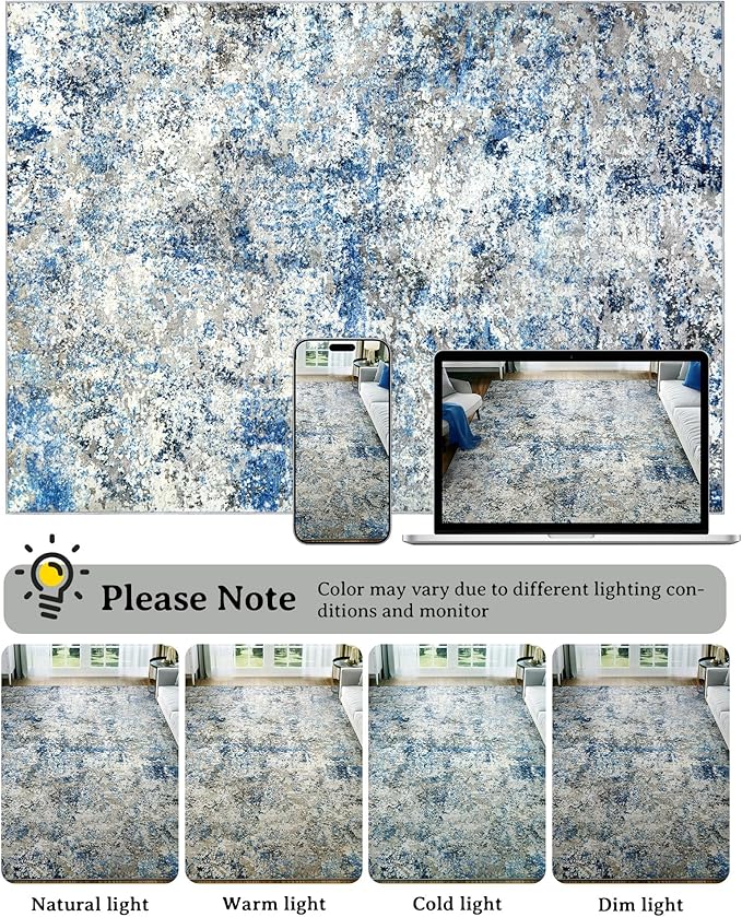 Washable Area Rug for Living Room: 5x7 Modern Abstract Neutral Soft Rug for Bedroom Dining Room No Slip Low Pile Carpet for Nursery Home Office - Grey/Blue