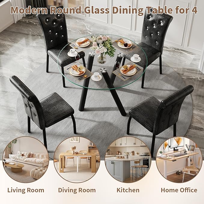 35" Round Dining Table for 4, Modern Round Glass Dining Table with Metal Legs, Round Kitchen Table for Dining Room Home Office Small Spaces