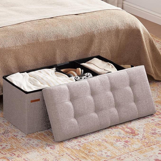 HAUSFRAU 31.5 Inches Ottoman with Storage Bench, Folding Ottoman Bench Small Foot Rest Stool, Bedroom Bench with Flipping Lid, Linen Mushroom Grey