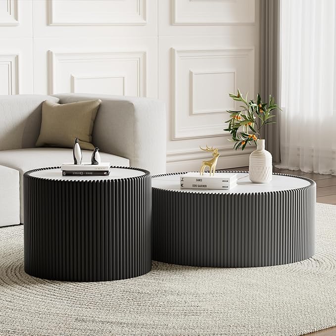 Round Coffee Table Set with Sintered Stone Tabletop, 29.52" Grey Drum Center Table and 17.71" Black Coffee Table Set, 2 Pieces Living Room Table Set with Fluted PU Leather Cover& Stable Base