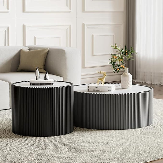 Round Coffee Table Set with Sintered Stone Tabletop, 29.52" Grey Drum Center Table and 17.71" Black Coffee Table Set, 2 Pieces Living Room Table Set with Fluted PU Leather Cover& Stable Base