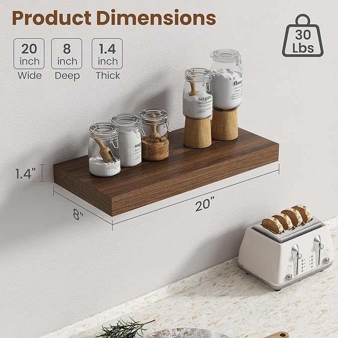 20 Inch Floating Shelves for Wall, 8 Inch Deep Floating Shelf for Storage & Display, Rustic Wall Mounted Shelf with Invisible Brackets for Living Room, Kitchen, Bathroom, Home Decor, Set of 2, Walnut