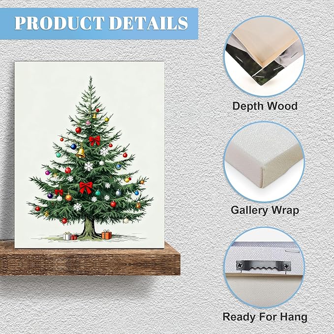 Framed Christmas Pictures Wall Decor,Vintage Pine Tree Prints,Winter Christmas Canvas Wall Art Decoration for Bedroom Bathroom Living Room Rustic Xmas Holiday Gifts (Christmas Tree 8, 11'' X 14'')