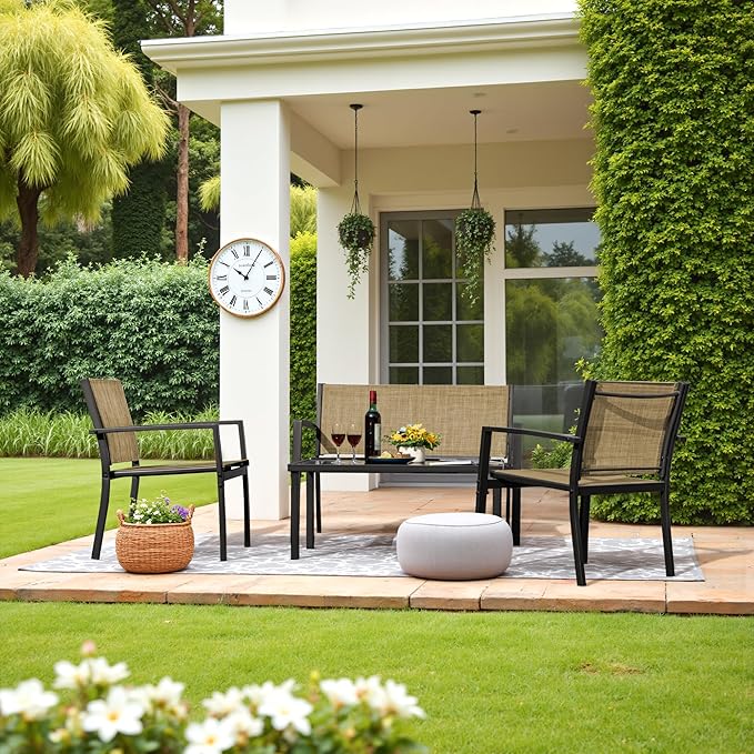 Greesum 4 Pieces Outdoor Furniture Set All Weather Patio Conversation Set with Porch Loveseat, Garden Bistro Chairs with Glass Coffee Table for Garden Backyard Poolside Textile Modern, Yellow