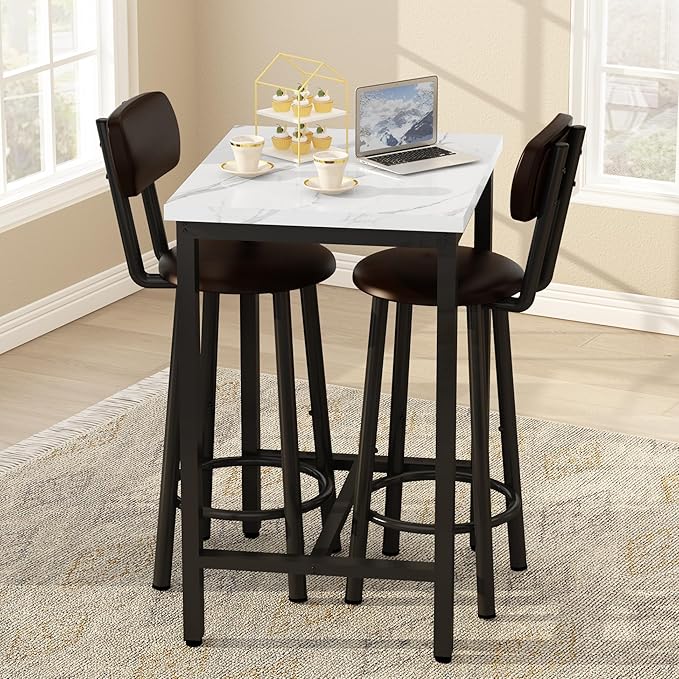DKLGG Dining Table Set for 2, 24" Square Kitchen Table and Chairs Set with MDF Tabletop & 2 PU Leather Chairs, Bar Pub Dining Set for Small Space Bar Kitchen Living Room Apartment, White