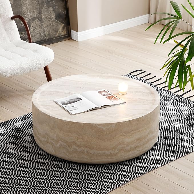 Round Coffee Table 35.43'' Marble Pattern Drum Shaped Coffee Table Fiberglass Cocktail Table Center Table for Living Room ome Office, Fully Assembled, White