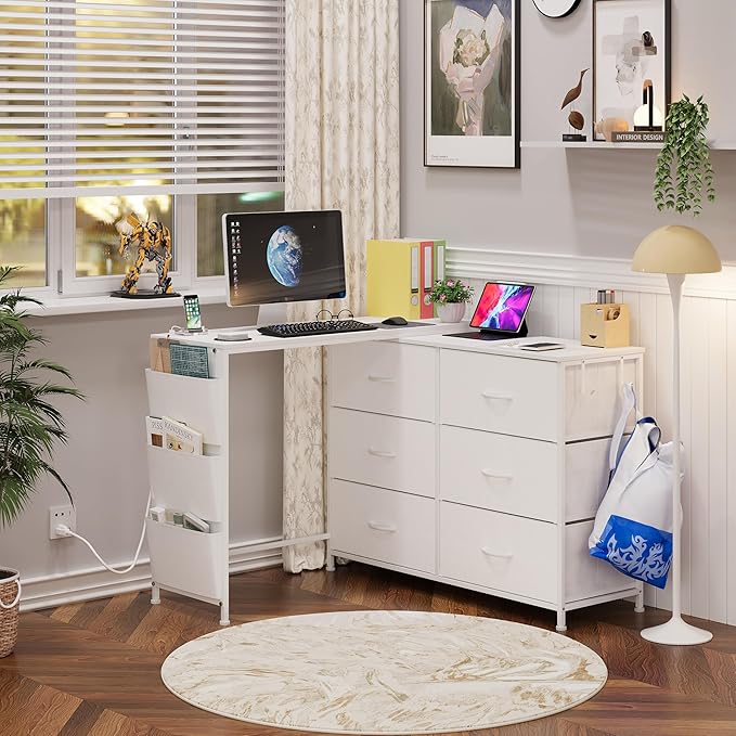 Modern Corner Vanity Desk with 6 Fabric Drawers Power Outlet Side Pocket L Shaped Drawers Makeup Desk Dressing Table for Girls Women Bedroom (White)