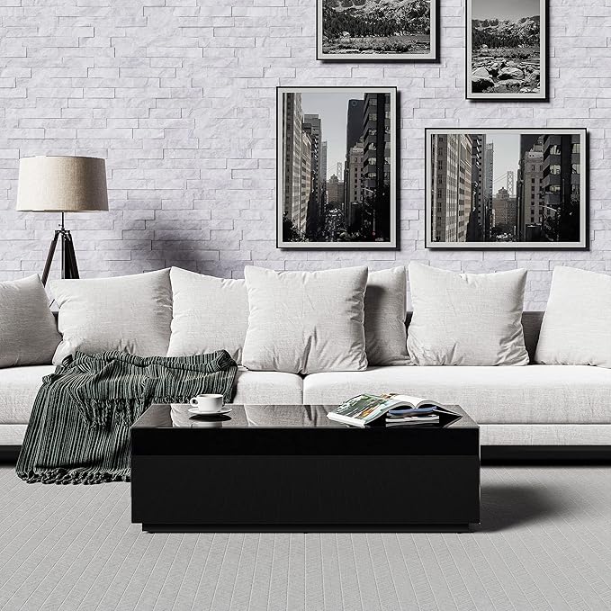 SONOROUS Premium Tempered Glass Coffee Table - Modern Black Rectangular Coffee Tables for Living Room - High Gloss Fingerprint Resistant Mid Century Design - Stylish Living Room Furniture & Décor