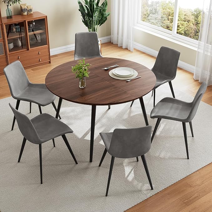 43.3"-59.1" Extendable Round Dining Table Set of 6, Mid Century Wooden Round Kitchen Table, Coffee Table for 4-6 Person,6 Gray PU Leather Chair