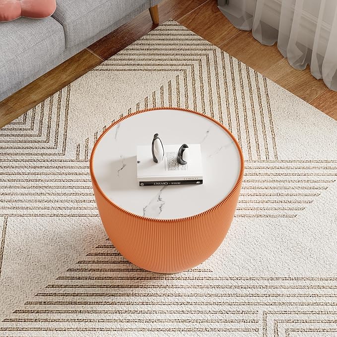 Orange Round Coffee Table with Sintered Stone Tabletop, 19.69 Drum Coffee Table with Fluted PU Leather Covered and Metal Base, Circle Cocktail Tea Table for Living Room