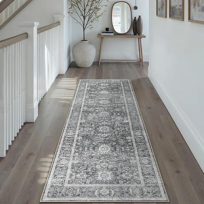 Blue 2x6 Runner Rug Hallway Non Slip Kitchen Vintage Distressed Long Carpet Indoor Machine Washable Traditional Floral Bedroom Accent Throw Rug for Office Laundry Bathroom Dining Living Room