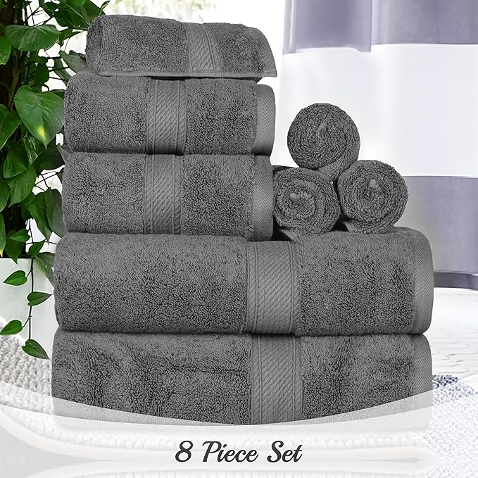 Superior Egyptian Cotton Pile 8 Piece Towel Set, Includes 2 Bath, 2 Hand, 4 Face Towels/Washcloths, Ultra Soft Luxury Towels, Thick Plush Essentials, Guest Bath, Spa, Hotel Bathroom, Charcoal