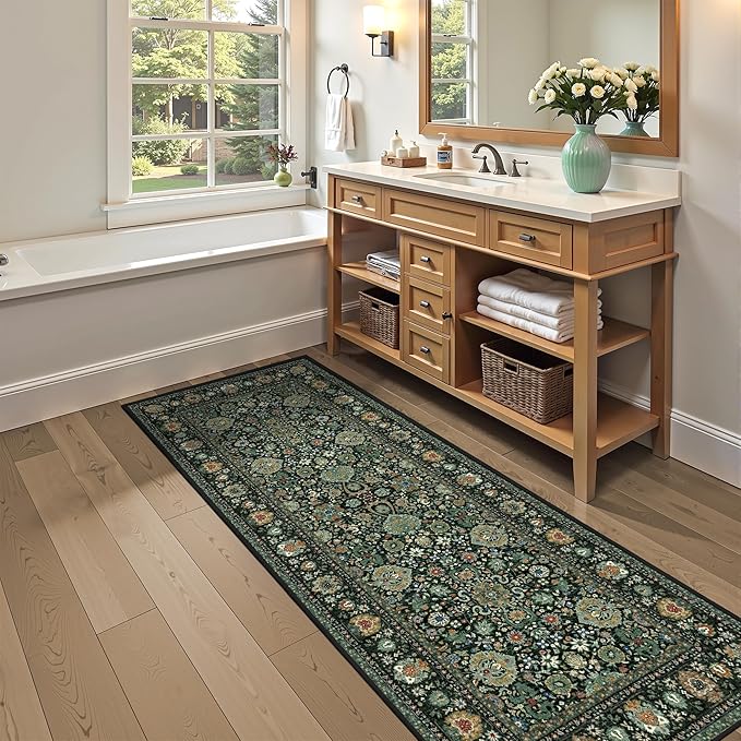 3x7 Runner Rugs for Hallway Non-Slip Hallway Runner Rug with Rubber Backing Washable Rug Runner for Kitchen Bedroom Vintage Distressed Carpet(Vintage Dark Green