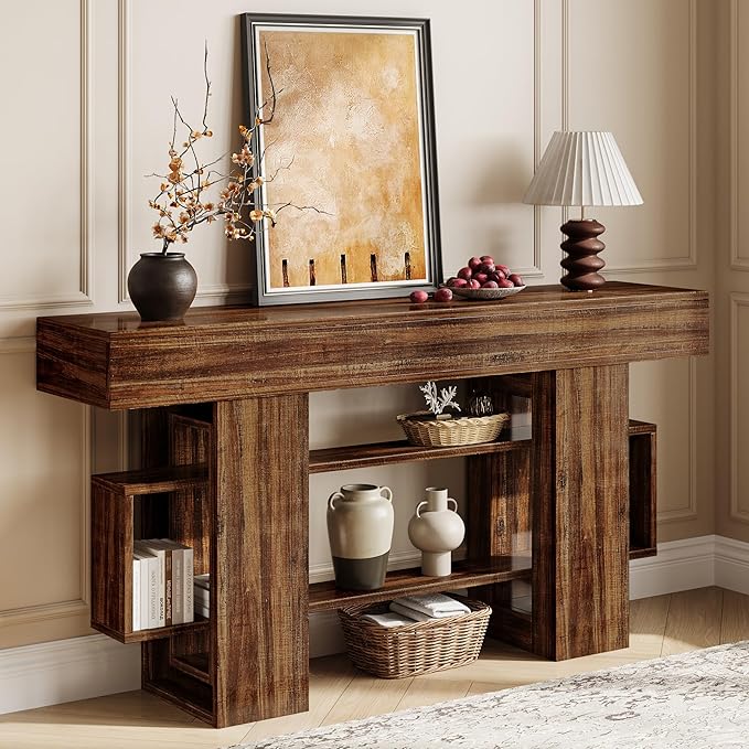 63 Inch Long Console Table for Entryway, Farmhouse Wooden Sofa Table Behind Couch with 3-Tier Storage Shelf, Narrow Entry Accent Table for Living Room, Hallway, Foyer, Rustic Brown