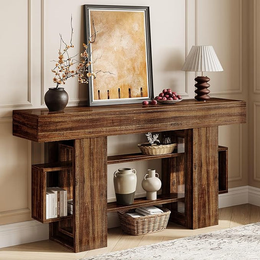 63 Inch Long Console Table for Entryway, Farmhouse Wooden Sofa Table Behind Couch with 3-Tier Storage Shelf, Narrow Entry Accent Table for Living Room, Hallway, Foyer, Rustic Brown