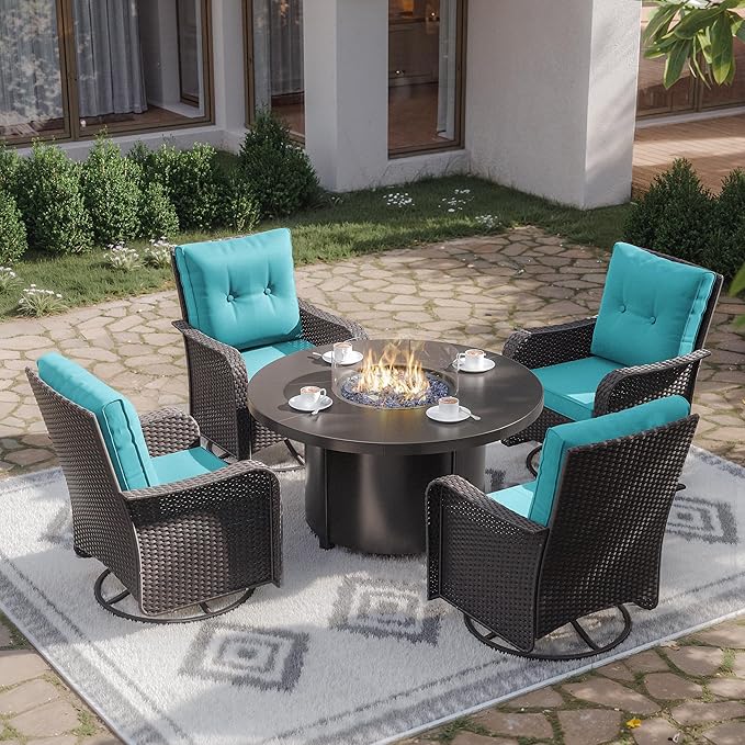 Kurapika 5 Pieces Patio Furniture Set, Rattan Wicker Outdoor Conversation Sets, 4 Woven Rattan Swivel Chairs w/48in Propane Fire Pit Table and Thickened Cushions, Blue
