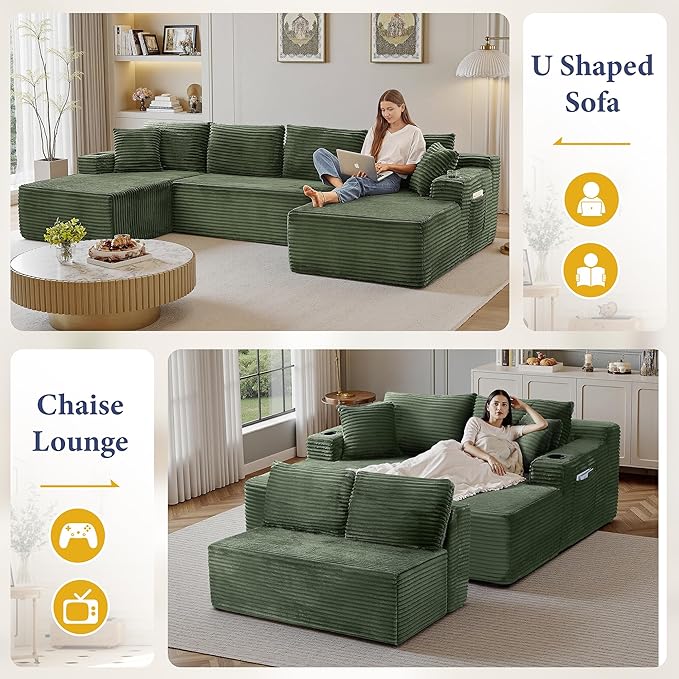 133" Couches for Living Room Deep-Seat Sectional Couch for Living Room Corduroy Boneless Couchs U-Shape Cloud Couch Flexible Modular Sectional Sofa with Chaise Lounge (Green, with Cup Holder)