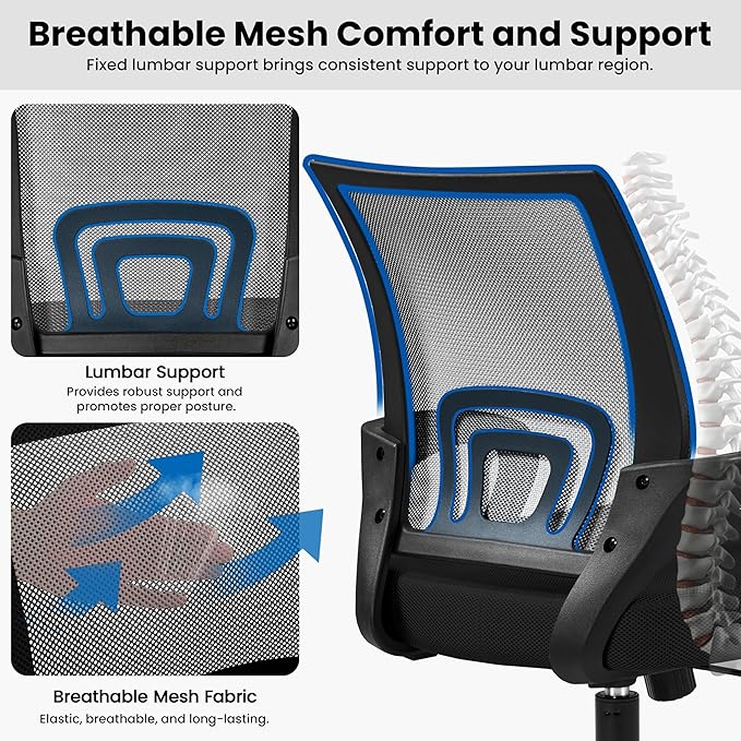 Yaheetech Mid-Back Mesh Office Chair Adjustable Ergonomic Computer Task Chair Swivel Rolling with Lumbar Support Armrest for Home Office Work Study, Black
