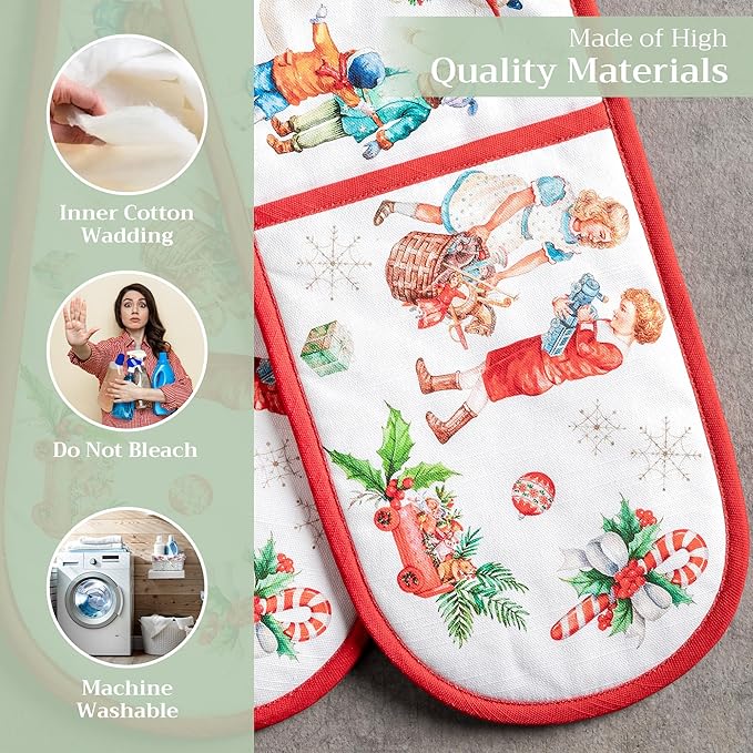Maison d' Hermine Double Oven Mitt (7" x 35") 100% Cotton Heat Resistant BBQ Cooking Gloves with Loop for Thanksgiving Christmas Decorations Baking Cooking Barbeque Handling Hot Pan (Chromo)