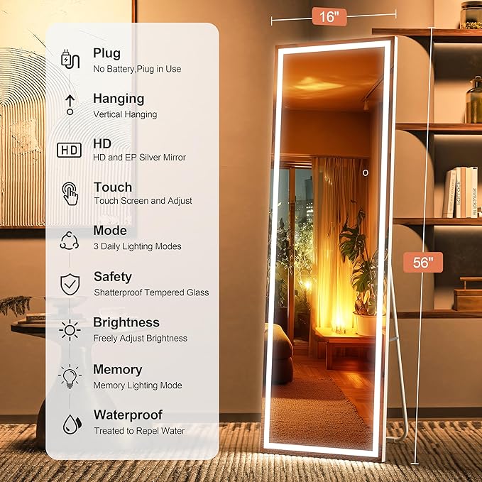Full Length Mirror with Lights, 56" x 16" LED Lighted Floor Standing Mirror, Tempered Glass, Square White