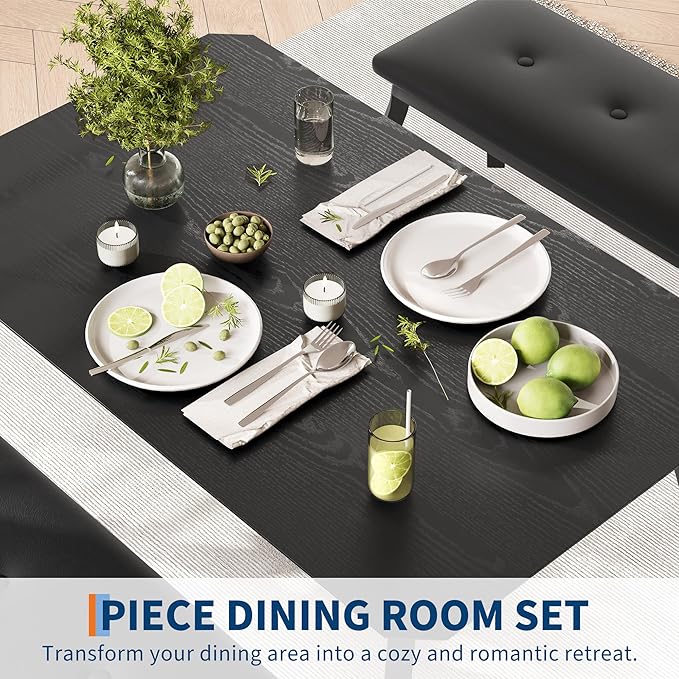 GAOMON Dining Table Set for 4, Metal Frame Kitchen Table Set with 2 Upholstered Bench, 3 Piece Dining Room Table Furniture for Apartment, Studio, Home, Easy Assembly, Black