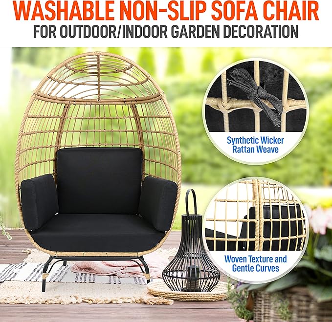 SereneLife Indoor/Outdoor Wicker Rattan Egg Chair with Cushions, Patio Hanging Egg Chair with Steel Frame, Washable Pillows, for Porch, Deck, Garden or Bedroom, 440 lbs. Capacity