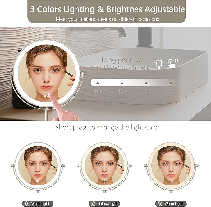 8" Lighted Makeup Mirror, 1X/10X Magnification with Light, Double Sided Dimmable, Rechargeable & Brightness & Height Adjustable, Cordless Vanity(Brushed Nickel)