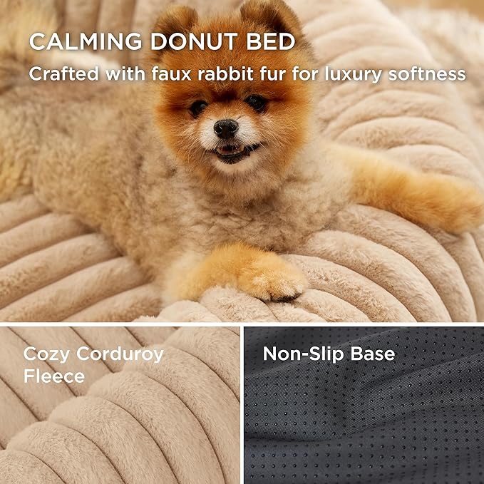 Bedsure Donut Small Dog Bed - Dog Beds for Small Dogs with Corduroy Fleece & Anti Slip Bottom, Round Faux Fur Pet Beds with Washable Removable Cover, Sandy Beige, 27x27x8 inches