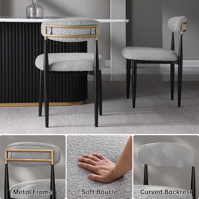 Morden Fort Modern Dining Chairs Set of 4, Upholstered Armless Chairs with Curved Backrest and Black Metal Frame for Dining Room, Living Room and Apartment