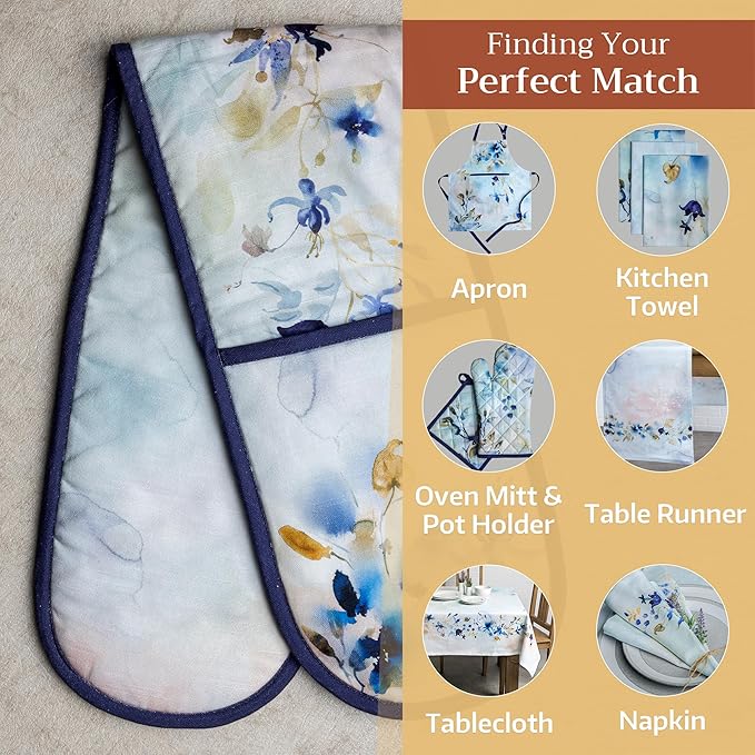 Maison d' Hermine Double Oven Mitts 100% Cotton 7"x35" Double Oven Mitt Heat Resistant BBQ Cooking Gloves with Loop, Baking, Grilling, Home, Kitchen, Handling Hot Pans Spring Summer (Lazy Summer Days)