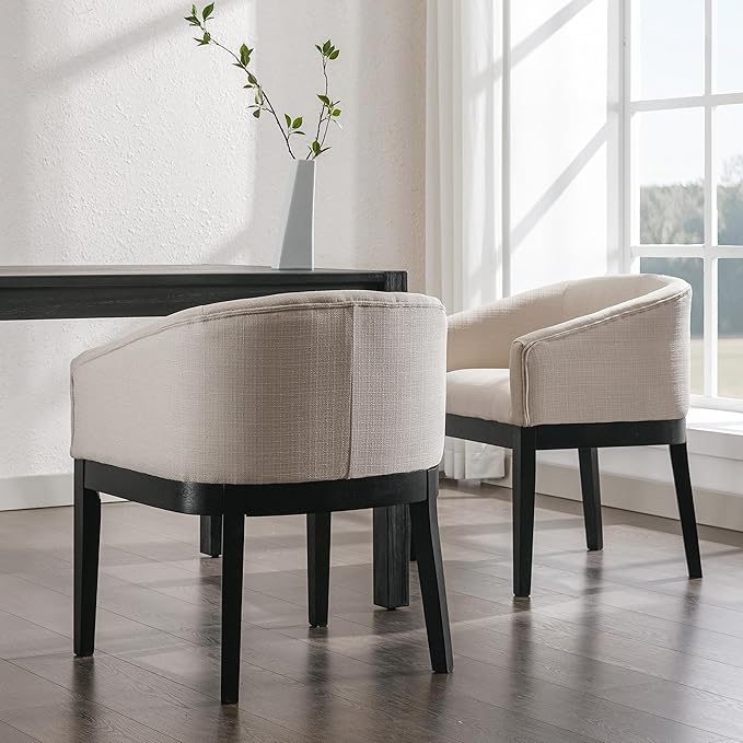 Beige Dining Chairs Set of 4 Mid-Century Modern Dining Chair Linen Upholstered Kitchen Dining Room Chairs, Curved Backrest Dining Chairs with Black Wood Legs