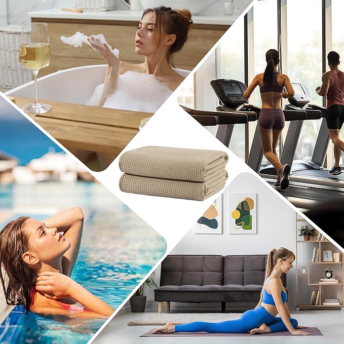 POLYTE 380 GSM Microfiber Oversize Quick Dry Lint Free Waffle Bath Towel for Body, 60 x 30 in, Set of 2