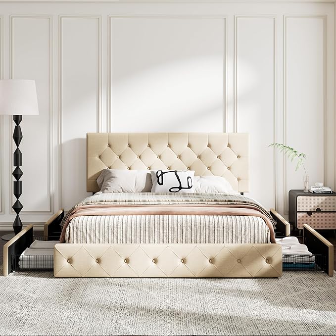 MUTICOR King Size Bed Frame with 4 Storage Drawers, Upholstered Platform Bed with Button Tufted Adjustable Headboard, No Box Spring Needed, Easy Assembly, Diamond Tufted, Beige Fabric