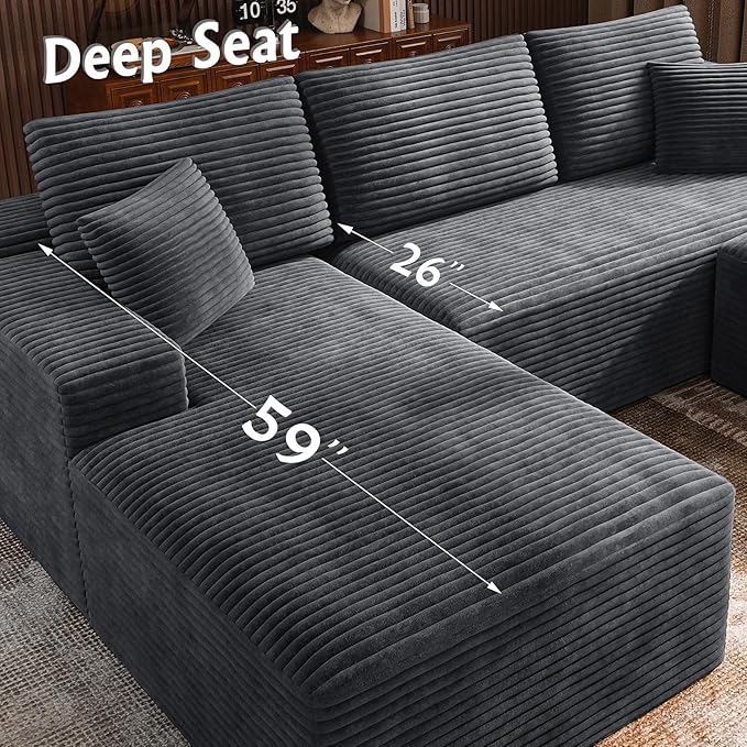 3-Piece Boneless Modular Sectional Sofa, Cloud Couch, Left Facing Chaise with Ottoman, Oversized Deep Seat, Soft Corduroy Fabric, Sectional Couch for Living Room-Grey