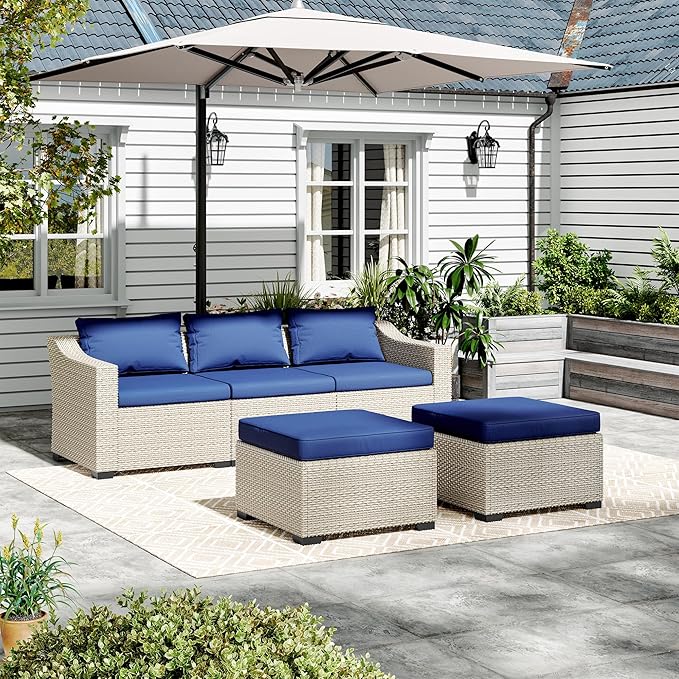LHBcraft Patio Conversation Set Rattan Outdoor Sectional Furniture Sofa Set Wicker Couch with Coffee Table and Cushions for Poolside, Backyard (White-Blue, 5-PCS)