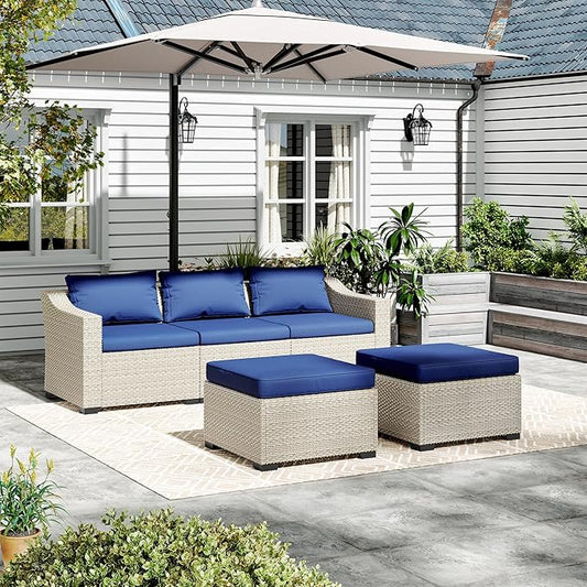LHBcraft Patio Conversation Set Rattan Outdoor Sectional Furniture Sofa Set Wicker Couch with Coffee Table and Cushions for Poolside, Backyard (White-Blue, 5-PCS)