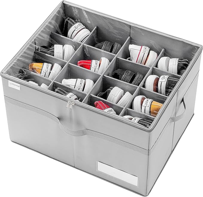 LUVHOMEE Shoe Organizer for Closet, Fits 16 Pairs, Large Shoe Box Storage Containers, Clear Foldable Shoe Storage Bins w/Bottom Support, Space Saving Shoes Holder w/Reinforced Handles, Gray