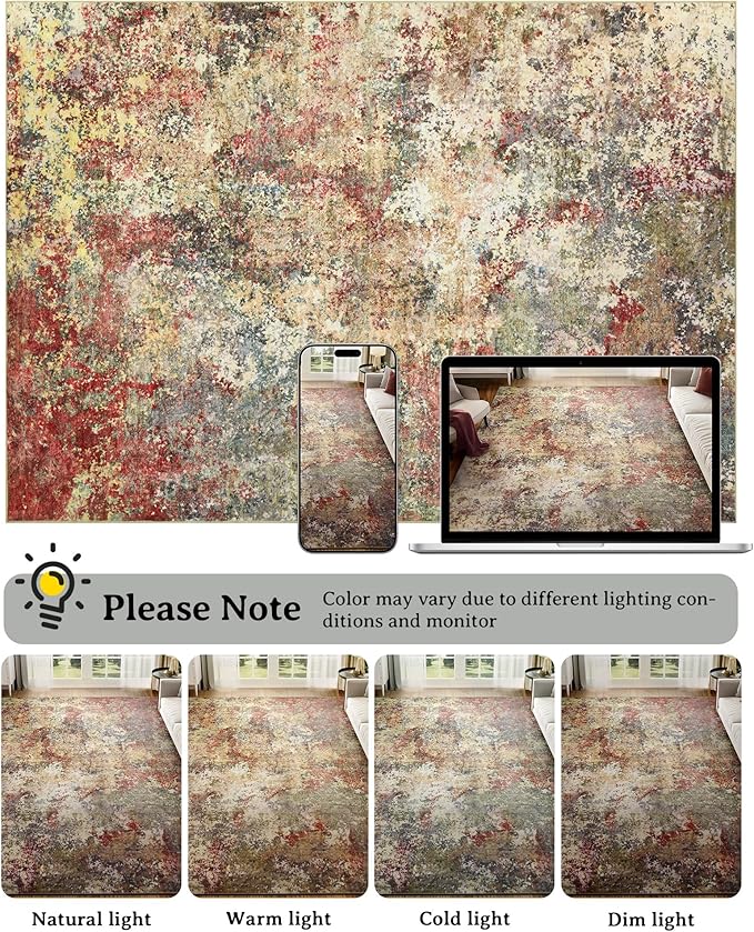 Washable Area Rug for Living Room: 8x10 Modern Abstract Neutral Soft Rug for Bedroom Dining Room No Slip Low Pile Carpet for Nursery Home Office - Red/Ivory