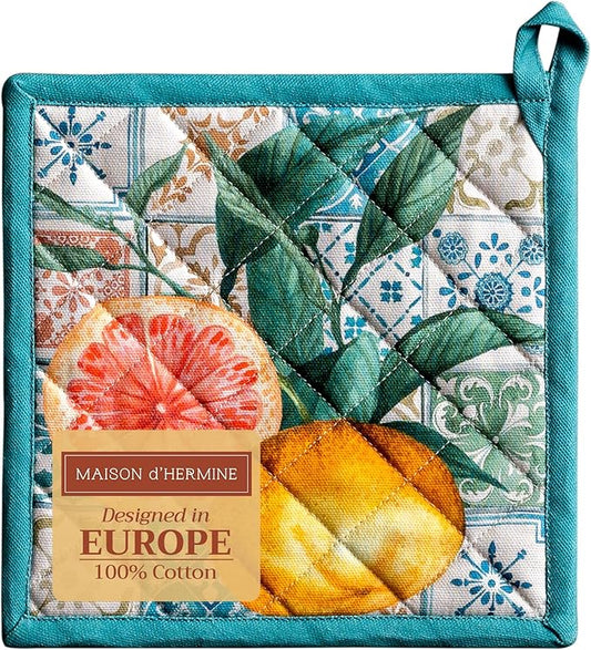 Maison d' Hermine Pot Holders 100% Cotton Heat Resistant Potholders 8" x 8" Hot Pads with Loop BBQ, Cooking, Baking, Grilling, Kitchen, Handling Hot Pans Spring/Summer (Pack of 1, Agrume)