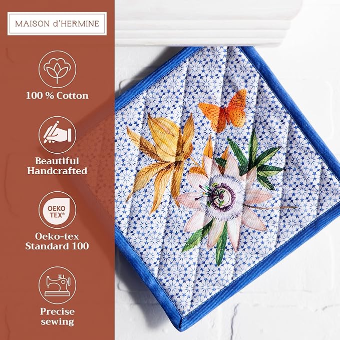 Maison d' Hermine Pot Holders Set 100% Cotton Heat Resistant Potholders 8" x 8" Hot Pads with Loop BBQ, Cooking, Baking, Grilling, Kitchen, Handling Hot Pans Spring/Summer (Pack of 2, Passiflora)